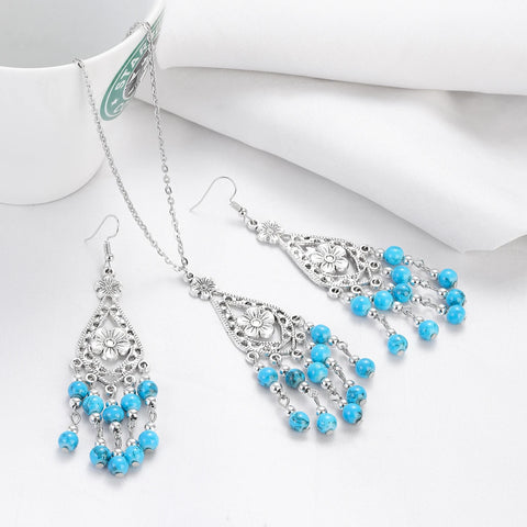 Sets Vintage Jewelry Boho Beads Flower Tassel Necklace Earring New Silver Color  Jewelry