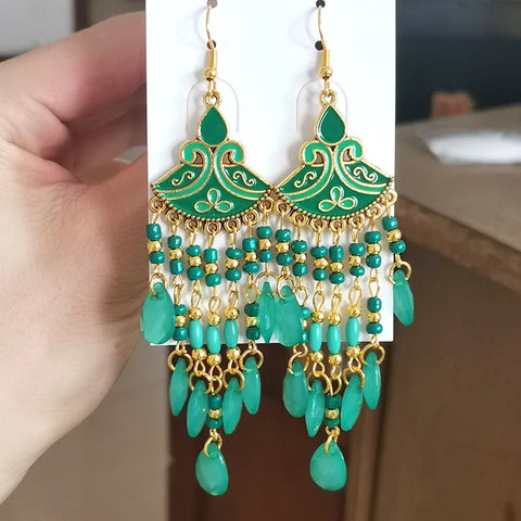 Bohemian Multicolor Rice Bead Water Drop Long Enamel Fan-Shaped Earring