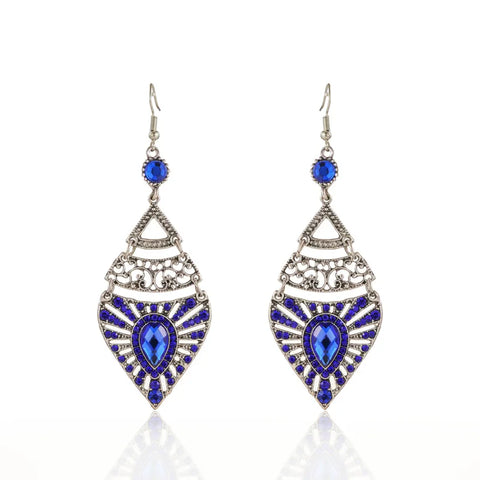 Pendientes colgantes bohemios vintage de color azul real para mujer, borla larga étnica de gota de agua