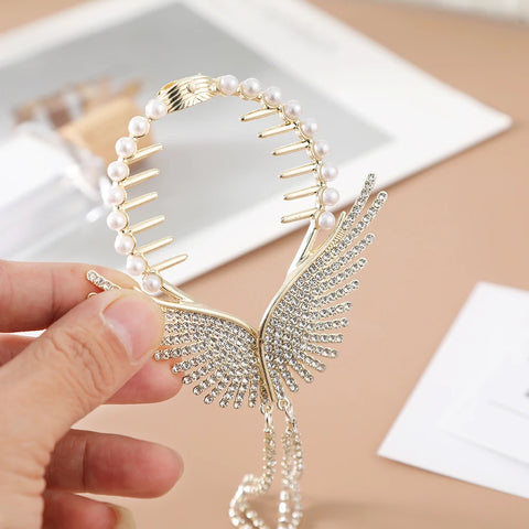 Novo asas de anjo cabelo coque grampos de cabelo feminino meninas strass borla rabo de cavalo botão hairpin acessórios de moda dourada