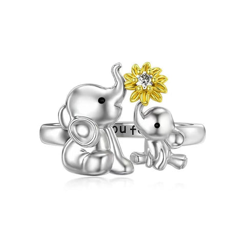 Cute Elephant Mother and Son Love Heart Zirconia Adjustable Ring