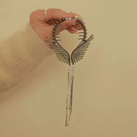 Novo asas de anjo cabelo coque grampos de cabelo feminino meninas strass borla rabo de cavalo botão hairpin acessórios de moda dourada