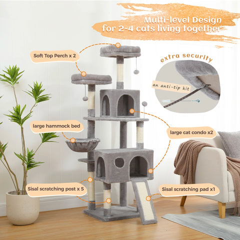 Árbol para gatos, torre alta para gatos con condominio para gatos grande, cama con percha acogedora, postes para rascar, juguetes para gatos