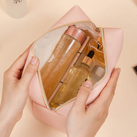 Bolsa de maquiagem de cor sólida feminina saco de cosméticos à prova dwaterproof água couro do plutônio viagem portátil saco de armazenamento de higiene pessoal organizador bolsa
