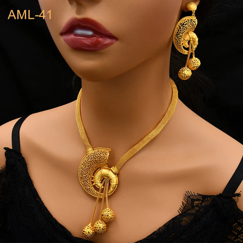 Conjuntos de collar y aretes de cobre de lujo italiano con múltiples formas bañados en oro de 24 k para mujeres