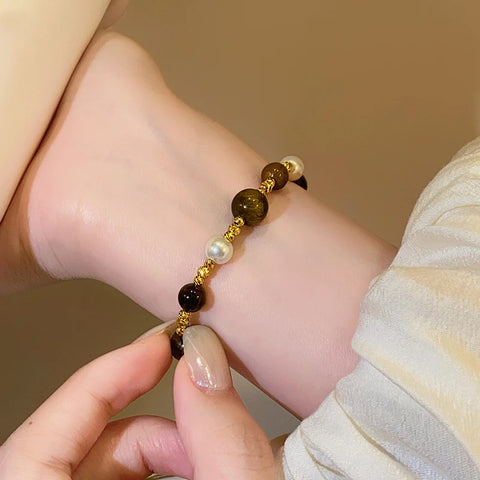 Stainless Steel Natural Tiger Eye Stone Bracelet For women Pearl  Indian Style Handmade