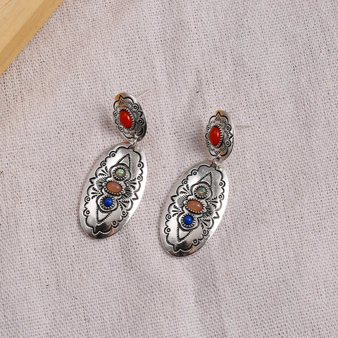 Appearance Earrings Inlaid with Colorful Gemstones  Carved with Irregular Patterns