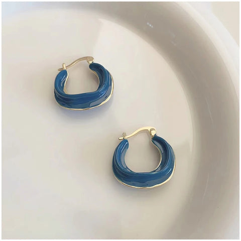 Pendientes de aro de cobre esmaltado azul marino para mujer, diseño vintage, estilos de metal grueso, moda geométrica