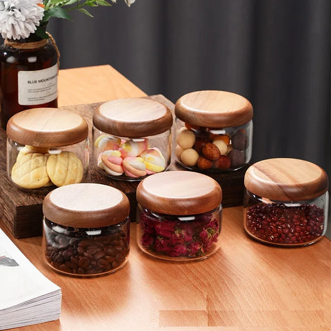 Kitchen Airtight Spices Seasoning Storage for Food Glass Suger Jars Box with Acacia Wood Lid 1 Piece