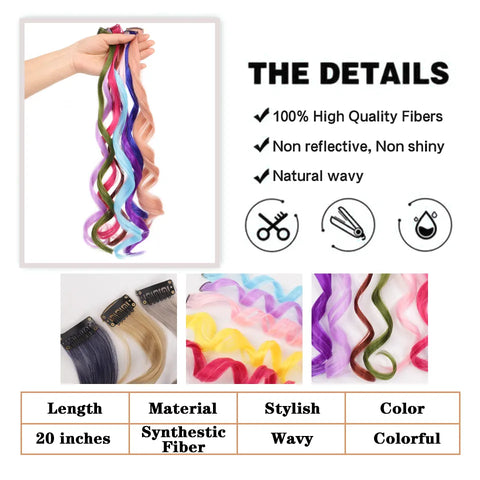 Extensões de cabelo coloridas encaracoladas, um clipe em peruca longa sintética para meninas, mulheres, crianças, multi cores, destaques de festa, peça de peruca