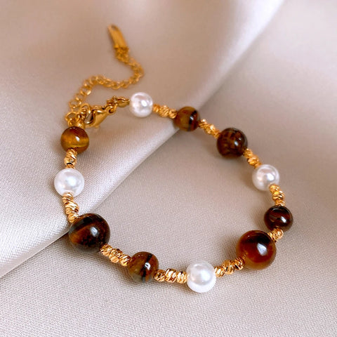 Stainless Steel Natural Tiger Eye Stone Bracelet For women Pearl  Indian Style Handmade