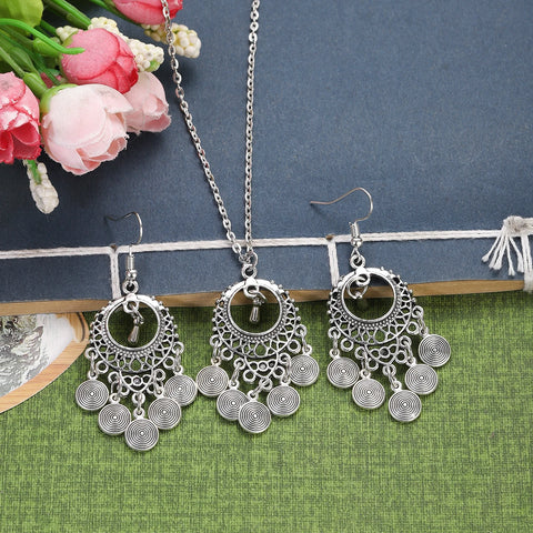 Indian set of ethnic silver earrings and necklace with vintage geometric tassels