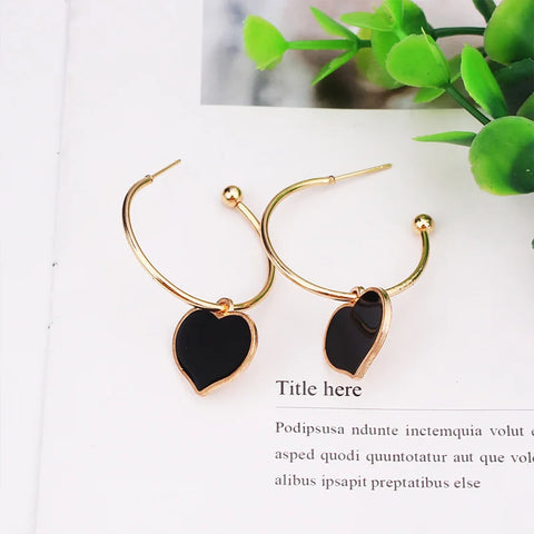 Pendientes de esmalte de corazón, pendientes coreanos negros con colgante de gota de aceite para mujer, pendientes de aro grandes con forma de corazón, joyería minimalista