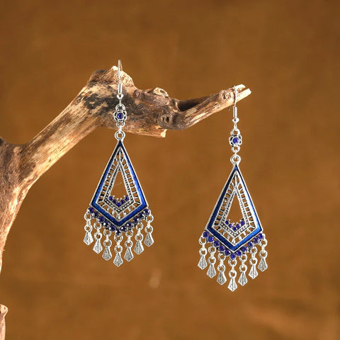 Pendientes colgantes bohemios vintage de color azul real para mujer, borla larga étnica de gota de agua