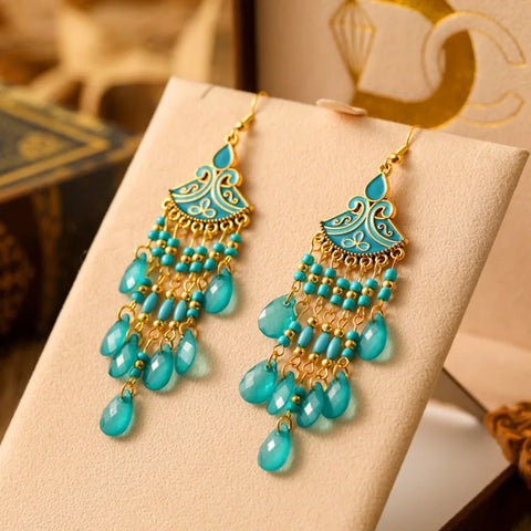 Bohemian Multicolor Rice Bead Water Drop Long Enamel Fan-Shaped Earring