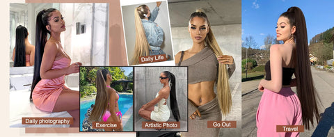 Extensiones de cabello sintético para cola de caballo falsa, extensiones rectas de 24 pulgadas de largo