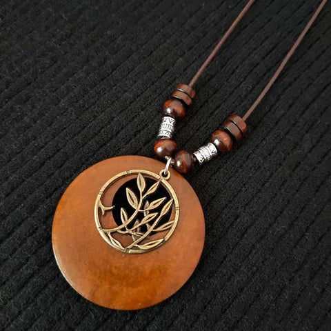 Vintage Wooden Necklace with Metal Pendant Boho Ethnic Style Long Wax Rope Chain