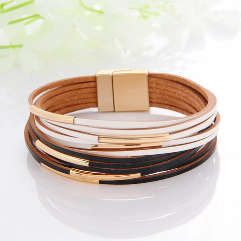 Multilayer Leather Women's Bracelet Metal Copper Tube Leather Wound Magnet Buckle Bracelet Exquisite Color Matching Jewelry