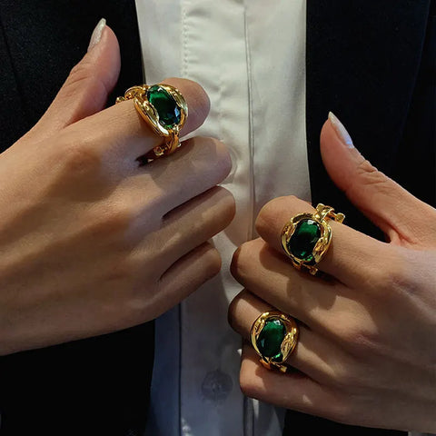 Joyería de moda, anillo de cristal brillante de alta calidad, verde exagerado, nueva tendencia geométrica, regalos para mujeres