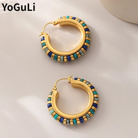 Color Stone Earrings Luxury Design High Quality Brass Metal Gold Color