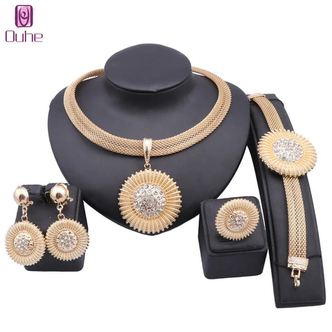 Conjunto de joyas con cuentas africanas de color dorado de Dubái a la moda para mujer de Nigeria, collar, pendientes, anillo y pulsera