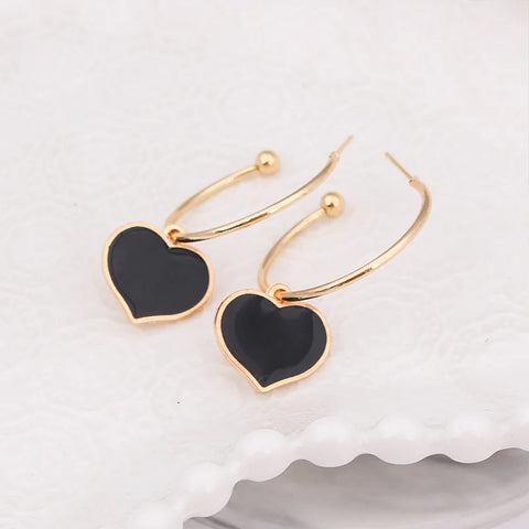 Pendientes de esmalte de corazón, pendientes coreanos negros con colgante de gota de aceite para mujer, pendientes de aro grandes con forma de corazón, joyería minimalista