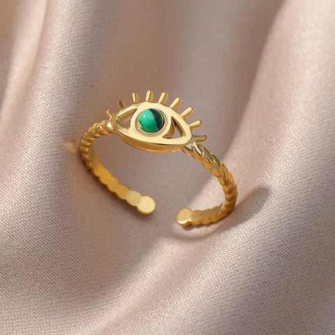 Stainless Steel Green Natural Stone Rings Vintage Trend Jewelry 18K Gold Color Opening Ring