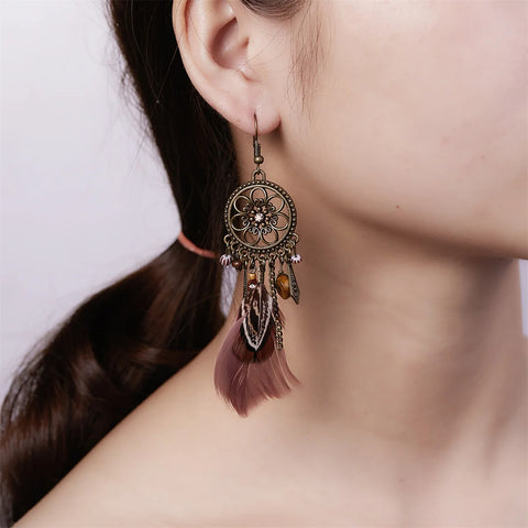 Pendientes colgantes de plumas naturales étnicos bohemios para mujer pluma larga de borla