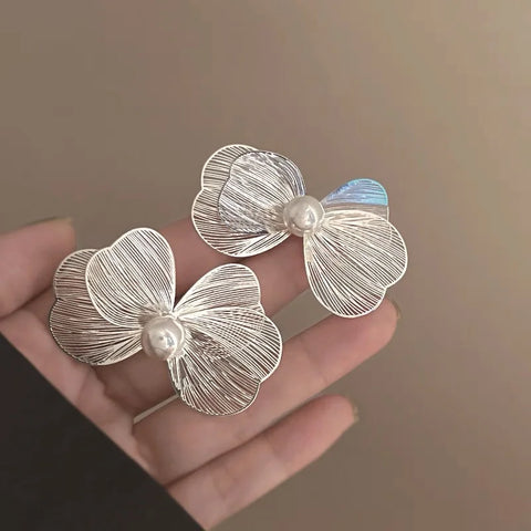 Silver Color Metal Earrings Large Flower Stud Earrings