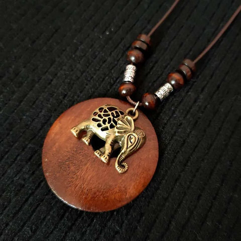 Vintage Wooden Necklace with Metal Pendant Boho Ethnic Style Long Wax Rope Chain