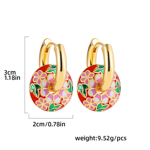 Colorful Flower Painted Hoop Earrings Stainless Steel Chunky Jewelry