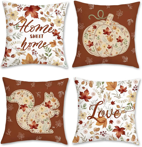 Funda de cojín otoño 45x45 cm hoja de otoño ardilla calabaza felpa corta decoración funda de almohada salón decoración del hogar