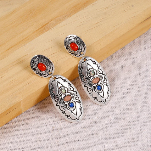 Appearance Earrings Inlaid with Colorful Gemstones  Carved with Irregular Patterns