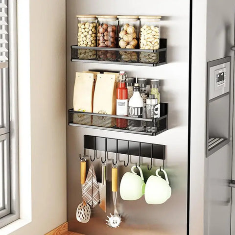 Magnetic Spice Rack for Refrigerator Kitchen Storage Rack with Hook Paper Towel Holder Refrigerator Side Hanging Organizer Shelf