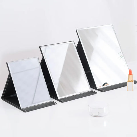 Folding Makeup Mirror Pu Rectangular Ultra-Thin Foldable Mirror Korean Desktop Mirror Portable Make Up Dressing