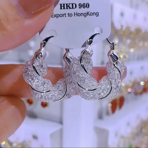 Brincos de argola de metal preenchido com zircônia escovada cor prata, acessórios luxuosos da moda para o dia a dia, joias premium