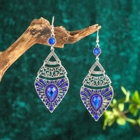 Pendientes colgantes bohemios vintage de color azul real para mujer, borla larga étnica de gota de agua