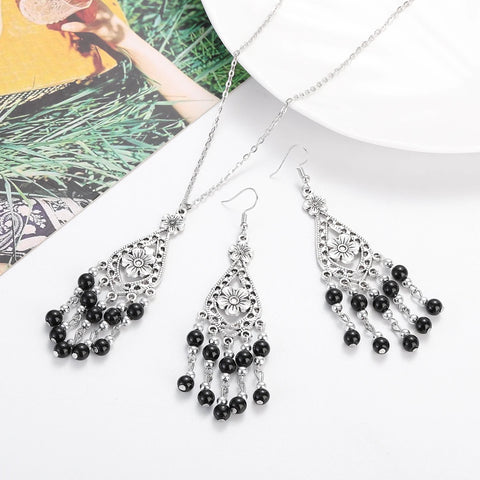 Sets Vintage Jewelry Boho Beads Flower Tassel Necklace Earring New Silver Color  Jewelry