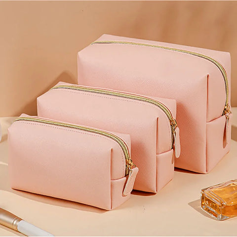 Solid Color Makeup Pouch Women Cosmetic Bag Waterproof PU Leather Travel Portable Wash Toiletry Storage Bag Organizer Purse
