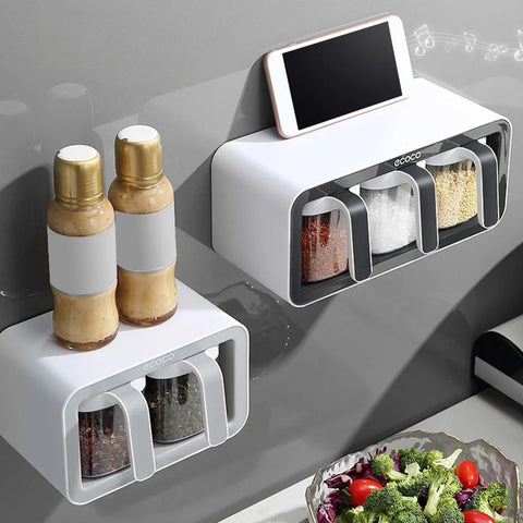 2/3Cups Wall Mount Spice Rack Organizer Accessory Boxes Sugar Bowl Salt Shaker Seasoning Container with Spoons Storage Supplies