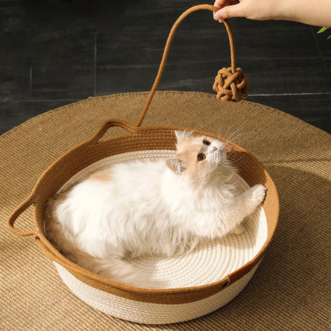 Japanese Pet Cat Bed Round Hand Woven Cooling Kitten Basket Cotton Rope Cat Scratching Baskets