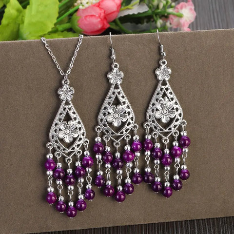 Sets Vintage Jewelry Boho Beads Flower Tassel Necklace Earring New Silver Color  Jewelry