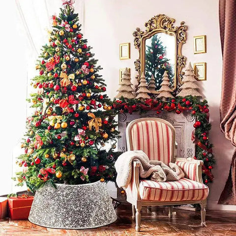 Saia de Natal com lantejoulas decorativas, gola, decoração de Natal, adequada para shopping, jardim, sala de estar, escritórios, hotel, sala de aula