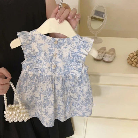 Vestido em Algodão para Menina em Tons de Azul Floral Sem Mangas