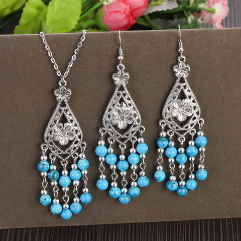 Sets Vintage Jewelry Boho Beads Flower Tassel Necklace Earring New Silver Color  Jewelry