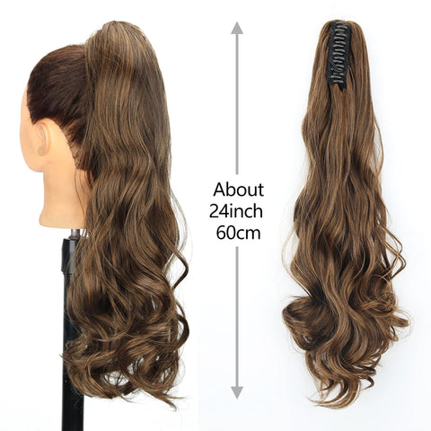 Ponytail Hair Extension Heat Resistant Synthetic 24" Long Wavy Claw Clip On  Natural Wave Pony Tail Fake Hairpieces