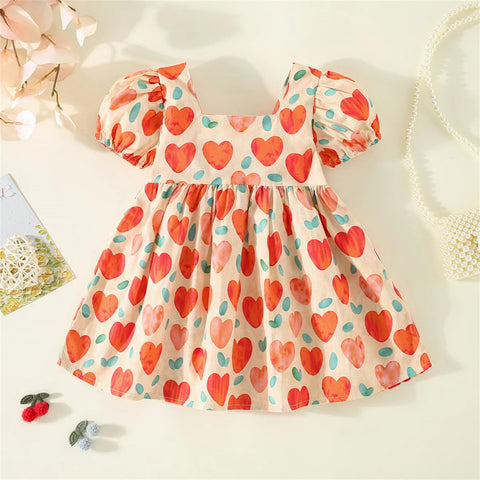 Lindos vestidos Love Print Bow manga curta, comprimento até o joelho Vestido para meninas