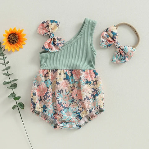 Conjunto de dos piezas para niña, mono de verano con estampado floral de un hombro y diadema elástica