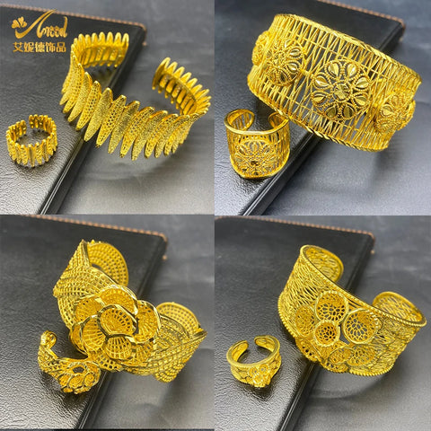 Brazalete de Dubái con anillo, pulsera chapada en oro, joyería nigeriana marroquí