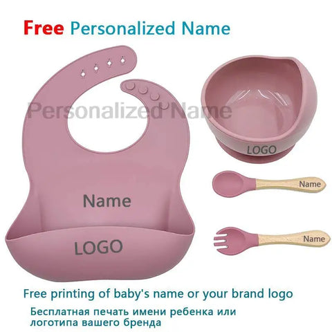 Conjunto de alimentação de bebê com nome personalizado, ventosa de silicone para crianças, tigela, colher, garfo, talheres, tigela de alimentação de bebê